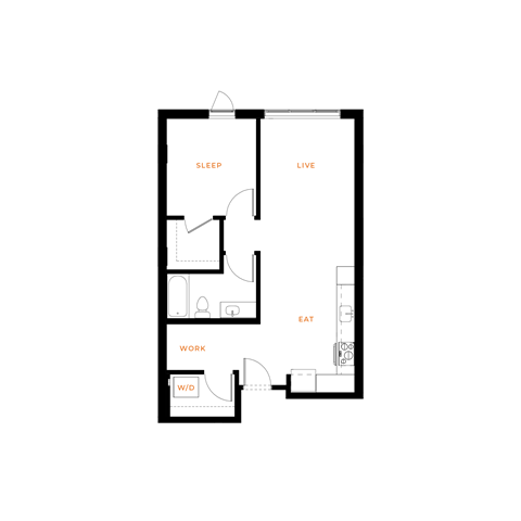 Floor plan for 1 bed, 1 bath, 700 sqft